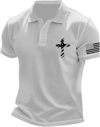 Mens Polo Shirt Distressted Star Stripes Christian Faith Cross Golf Shirts Slim Short Sleeve Button Muscle Clothes in Saudi Arabia