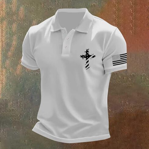 Mens Polo Shirt Distressted Star Stripes Christian Faith Cross Golf Shirts Slim Short Sleeve Button Muscle Clothes in Saudi Arabia