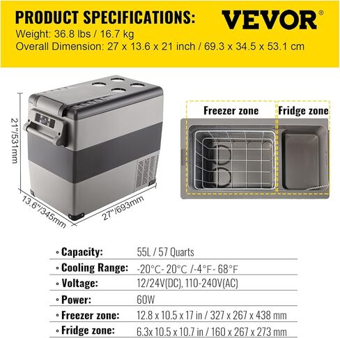 VEVOR NLS45, 12 Volt Car Refrigerator Fridge, 32 L Dual Zone Portable Freezer, -4℉-68℉ Adjustable Range, 12/24V DC and 100-240V AC Compressor Cooler for Outdoor, Camping, RV, Bule and grey in Kuwait