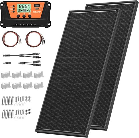200 Watts Solar Panel Kit, 12V/24V (2PCS 100W) Monocrystalline 25% High-Efficiency 30A Charge Controller PV Module for RV, Rooftop, Boats, Trailer, Vehicle, Caravan, Off-Grid System (200W) in Kuwait