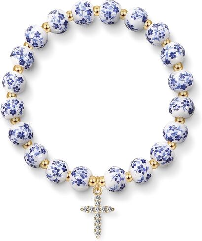 Bow Charm Beaded Bracelet for Women Vintage Flower Blue Bracelet Handmade Stretch Strand Dainty Gold Bracelet Jewelry Gifts in Saudi Arabia