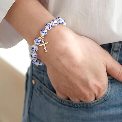 Bow Charm Beaded Bracelet for Women Vintage Flower Blue Bracelet Handmade Stretch Strand Dainty Gold Bracelet Jewelry Gifts in Saudi Arabia