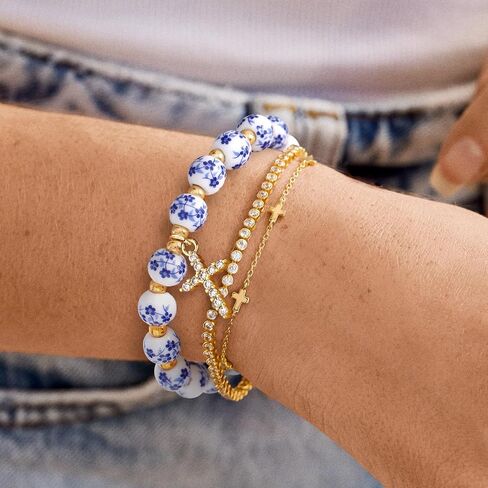 Bow Charm Beaded Bracelet for Women Vintage Flower Blue Bracelet Handmade Stretch Strand Dainty Gold Bracelet Jewelry Gifts in Saudi Arabia