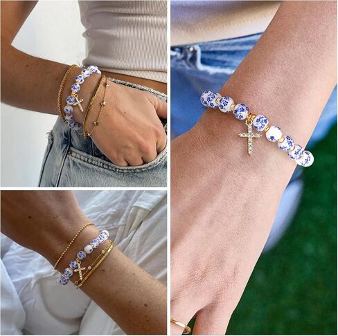Bow Charm Beaded Bracelet for Women Vintage Flower Blue Bracelet Handmade Stretch Strand Dainty Gold Bracelet Jewelry Gifts in Saudi Arabia