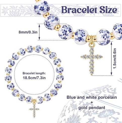 Bow Charm Beaded Bracelet for Women Vintage Flower Blue Bracelet Handmade Stretch Strand Dainty Gold Bracelet Jewelry Gifts in Saudi Arabia