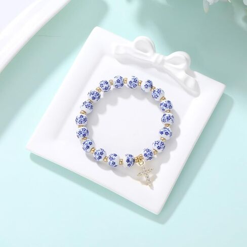 Bow Charm Beaded Bracelet for Women Vintage Flower Blue Bracelet Handmade Stretch Strand Dainty Gold Bracelet Jewelry Gifts in Saudi Arabia