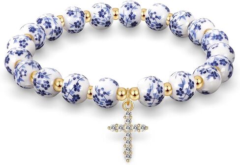 Bow Charm Beaded Bracelet for Women Vintage Flower Blue Bracelet Handmade Stretch Strand Dainty Gold Bracelet Jewelry Gifts in Saudi Arabia