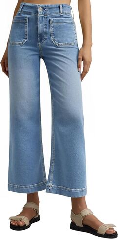Tankaneo Womens Loose Wide Leg Jeans High Waisted Flare Trendy Boyfriends Cotton Denim Pants with Front Patch Pockets in Kuwait