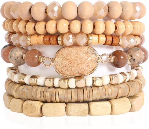 Riah Fashion Bohemian Beaded Multi Layer Propositile Bracelets - Natural Stone Wood Rondelle Bead Mix أساور تمتد in Kuwait