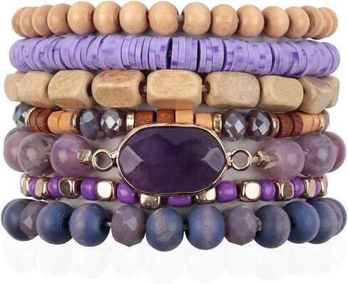 Riah Fashion Bohemian Beaded Multi Layer Propositile Bracelets - Natural Stone Wood Rondelle Bead Mix أساور تمتد in Kuwait