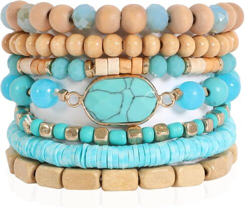 Riah Fashion Bohemian Beaded Multi Layer Propositile Bracelets - Natural Stone Wood Rondelle Bead Mix أساور تمتد in Saudi Arabia