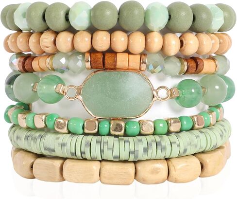 Riah Fashion Bohemian Beaded Multi Layer Propositile Bracelets - Natural Stone Wood Rondelle Bead Mix أساور تمتد in Kuwait