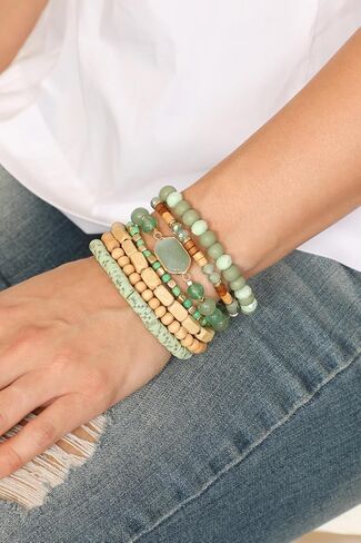 Riah Fashion Bohemian Beaded Multi Layer Propositile Bracelets - Natural Stone Wood Rondelle Bead Mix أساور تمتد in Kuwait