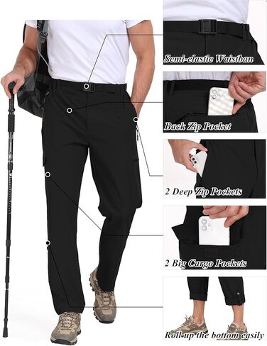 سروال رجالي للمشي لمسافات طويلة، سروال تكتيكي خفيف الوزن، مقاوم للماء، مناسب للسفر والعمل في الهواء الطلق مع حزام متعدد الجيوب in Kuwait