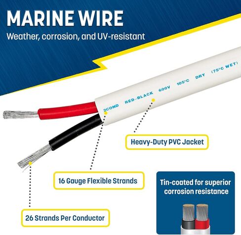 GS Power 18 AWG (مقياس الأسلاك الأمريكية) سلك تسخير بطارية القوارب البحرية المعلب OFC النحاسي المزدوج الأحمر والأسود المغلف المزدوج. طول الكابل: 200 قدم (أيضًا 100 قدم) in Kuwait