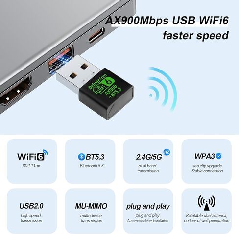 AX900Mbps USB WiFi 6 Adapter for PC, 2-in-1 Bluetooth 5.4 WiFi Adapter.2.4G/5G Dual-Band Wireless Network Transceiver Adapter for Laptop, Desktop, WPA3,Supports Windows 11/10/7. in Saudi Arabia