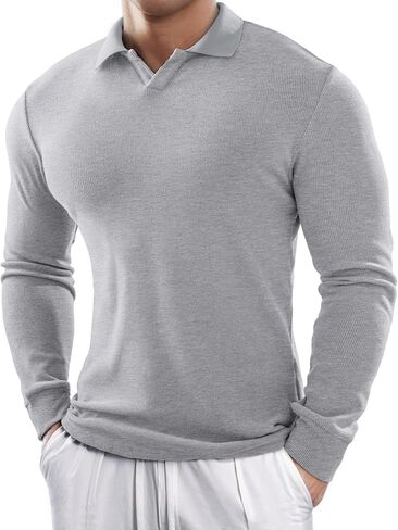 JMIERR Men's Muscle V Neck Polo Shirt Slim Fit Ribbed Knit Golf T-Shirt Long Sleeve Athletic Workout Tee in Saudi Arabia