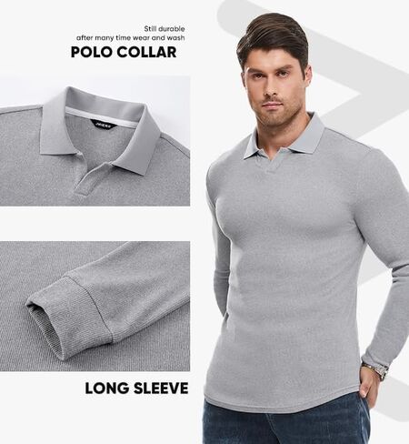 JMIERR Men's Muscle V Neck Polo Shirt Slim Fit Ribbed Knit Golf T-Shirt Long Sleeve Athletic Workout Tee in Saudi Arabia