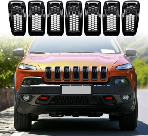 7Pcs Grill Ring Front Grille Inserts Cover Trim Gloss Black for Jeep Cherokee 2014 2015 2016 2017 2018(Gray) in Saudi Arabia