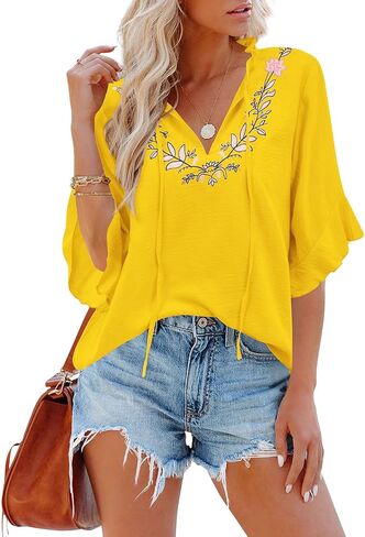 Womens Summer Tops 3 4 Sleeve Women Blouses Casual Boho Top Spring Floral Short Sleeve Shirts Vacation in Saudi Arabia