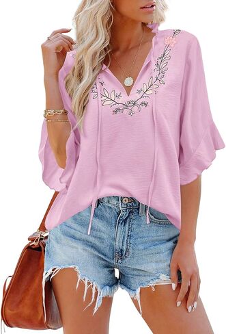 Womens Summer Tops 3 4 Sleeve Women Blouses Casual Boho Top Spring Floral Short Sleeve Shirts Vacation in Saudi Arabia