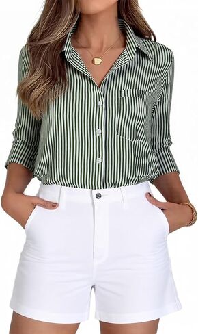 Beninos Striped Button Down Shirts for Women Dress Shirts Long Sleeve Casual Collared Office Work Shirt with Pocket in Saudi Arabia