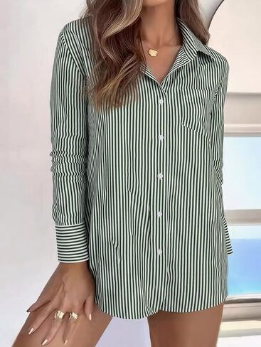 Beninos Striped Button Down Shirts for Women Dress Shirts Long Sleeve Casual Collared Office Work Shirt with Pocket in Saudi Arabia