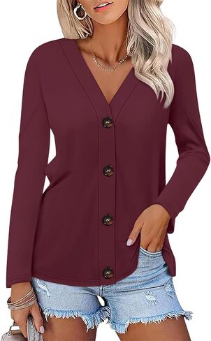 Womens Button Down Shirts Long Sleeve V Neck Tops Casual Fall Tunics Tops Loose Fit in Saudi Arabia