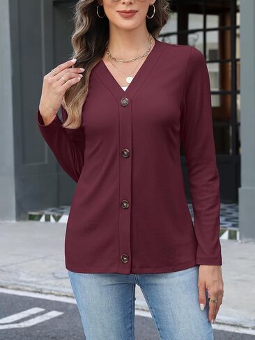 Womens Button Down Shirts Long Sleeve V Neck Tops Casual Fall Tunics Tops Loose Fit in Saudi Arabia