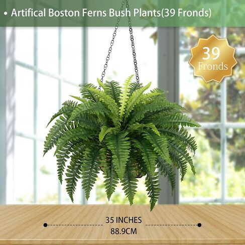 Fake Ferns, 35IN Large Fake Bush Plants, 2 Articial Boston Ferns with 39 Fronds for Outdoor Hanging Planter Garden Porch Entrance Home Decor in Saudi Arabia