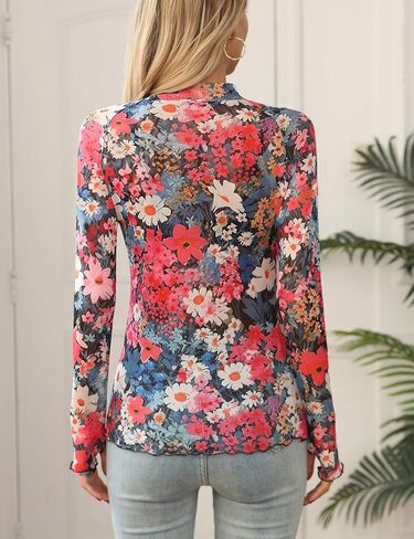 Ugerlov Womens Lace Long Sleeve Mesh Top Floral Mock Neck See Through Going Out Top with Thumb Hole Party Outfits Shirts in Kuwait