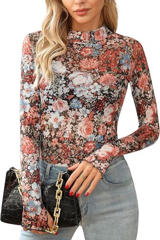 Ugerlov Womens Lace Long Sleeve Mesh Top Floral Mock Neck See Through Going Out Top with Thumb Hole Party Outfits Shirts in Kuwait