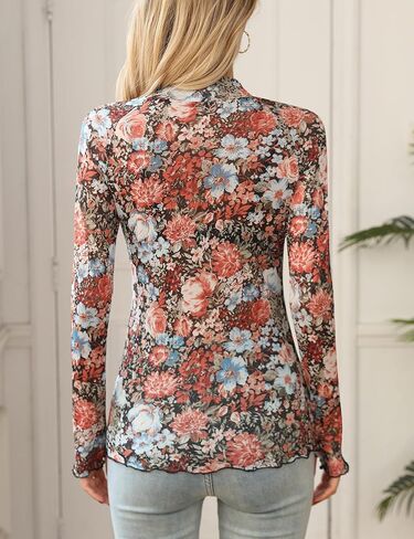 Ugerlov Womens Lace Long Sleeve Mesh Top Floral Mock Neck See Through Going Out Top with Thumb Hole Party Outfits Shirts in Kuwait