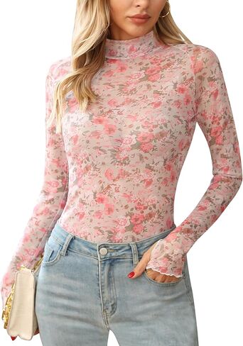 Ugerlov Womens Lace Long Sleeve Mesh Top Floral Mock Neck Rece من خلال الخروج من أعلى مع قمصان الحفرة الإبهام in Kuwait