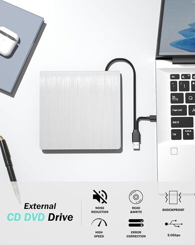 External CD/DVD Drive for Laptop PC, USB 3.0 CD DVD Burner, Black | USB3.0 High Speed, Portable CD DVD RW Drive, Compatible Windows 11 Mac Linux, Plug & Play for Laptop Desktop in Saudi Arabia