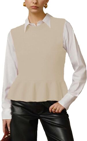 Zontroldy Women's Sleeveless Ruffle Hem Sweater Vest Lightweight Round Neck Knit Pullover Tank Tops in Saudi Arabia