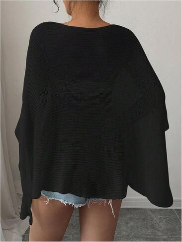 Women's See Through Knit Poncho Shawl 3/4 Sleeve Split Asymmetrical Shrug Sweater Cover Up in Saudi Arabia