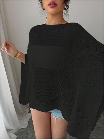Women's See Through Knit Poncho Shawl 3/4 Sleeve Split Asymmetrical Shrug Sweater Cover Up in Saudi Arabia