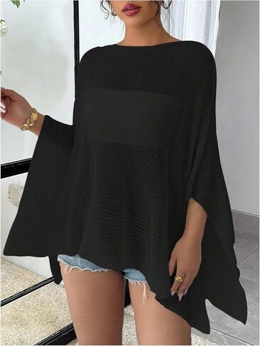 Women's See Through Knit Poncho Shawl 3/4 Sleeve Split Asymmetrical Shrug Sweater Cover Up in Saudi Arabia