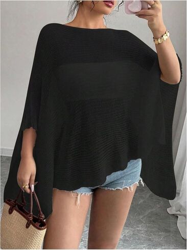 Women's See Through Knit Poncho Shawl 3/4 Sleeve Split Asymmetrical Shrug Sweater Cover Up in Saudi Arabia