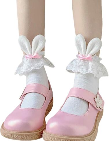 Cute Lolita Rabbit Bunny Ears Socks for Women & Teen Girls - Lace Bow Short Novelty Ankle Socks in Kuwait