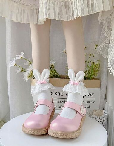 Cute Lolita Rabbit Bunny Ears Socks for Women & Teen Girls - Lace Bow Short Novelty Ankle Socks in Kuwait