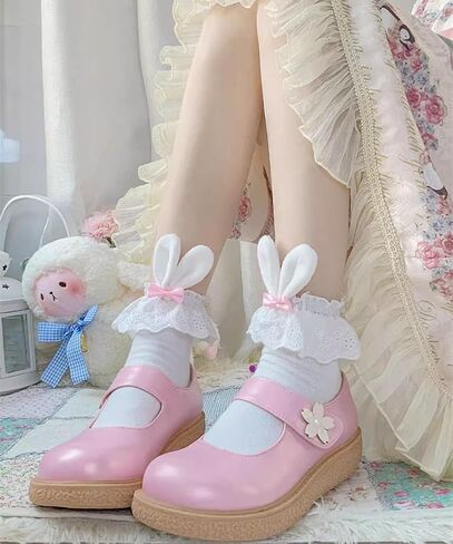 Cute Lolita Rabbit Bunny Ears Socks for Women & Teen Girls - Lace Bow Short Novelty Ankle Socks in Kuwait