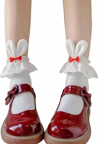 Cute Lolita Rabbit Bunny Ears Socks for Women & Teen Girls - Lace Bow Short Novelty Ankle Socks in Kuwait