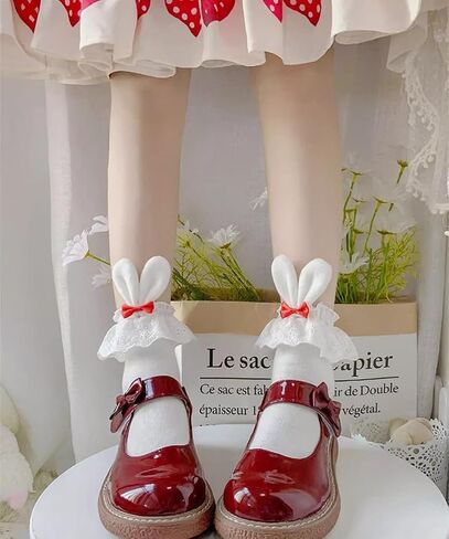 Cute Lolita Rabbit Bunny Ears Socks for Women & Teen Girls - Lace Bow Short Novelty Ankle Socks in Kuwait