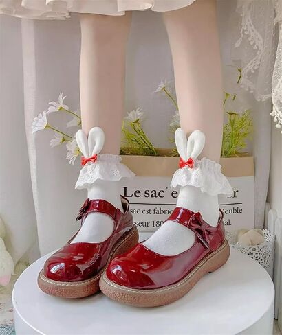 Cute Lolita Rabbit Bunny Ears Socks for Women & Teen Girls - Lace Bow Short Novelty Ankle Socks in Kuwait