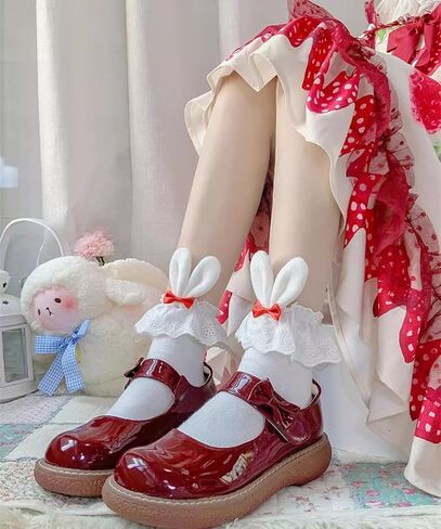 Cute Lolita Rabbit Bunny Ears Socks for Women & Teen Girls - Lace Bow Short Novelty Ankle Socks in Kuwait
