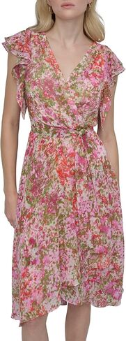 DKNY Women's Short Flutter Sleeve Surplice Neck Removable Belt Faux Wrap Dress in Saudi Arabia