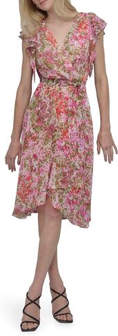 DKNY Women's Short Flutter Sleeve Surplice Neck Removable Belt Faux Wrap Dress in Saudi Arabia