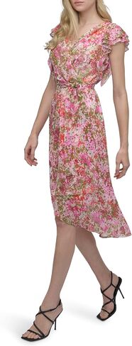 DKNY Women's Short Flutter Sleeve Surplice Neck Removable Belt Faux Wrap Dress in Saudi Arabia